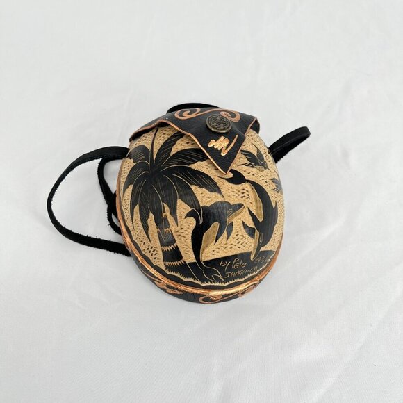 Handmade Coconut Purse With Dolphin & Palm Tree Design By Pele Jamaica - Picture 1 of 6